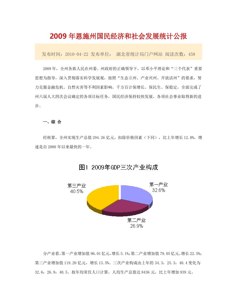 最新2022年恩施州国民经济和社会发展统计公报