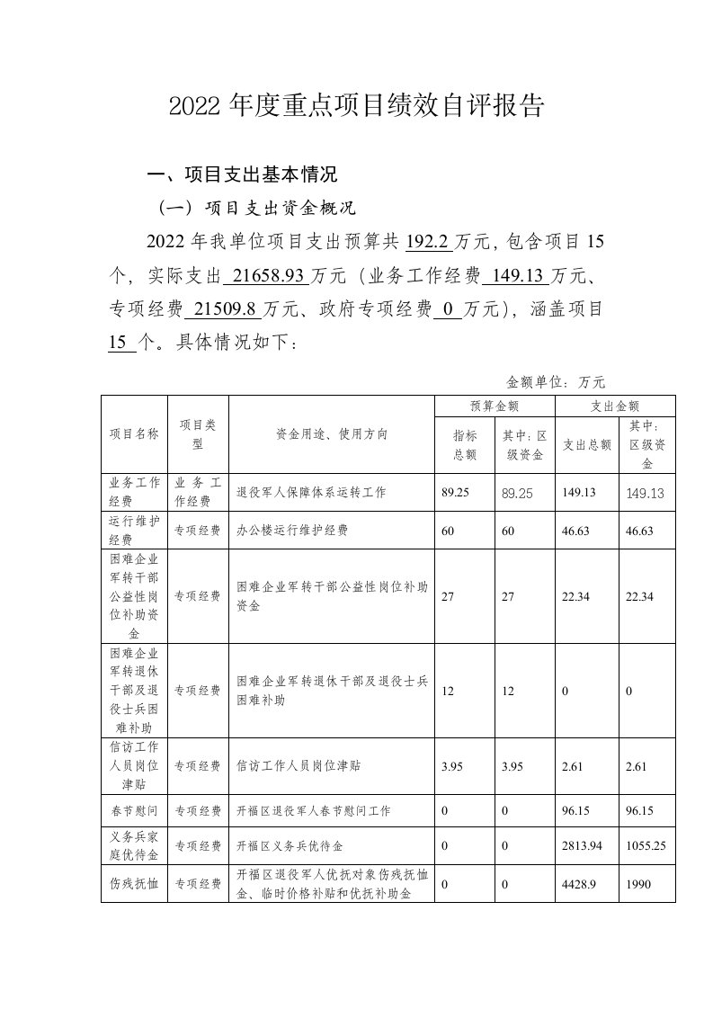 2022年度重点项目绩效自评报告