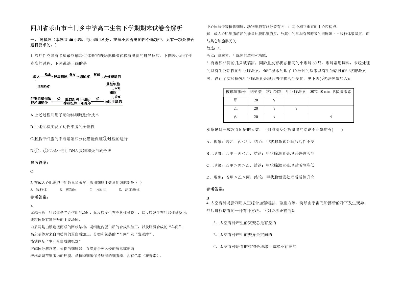 四川省乐山市土门乡中学高二生物下学期期末试卷含解析