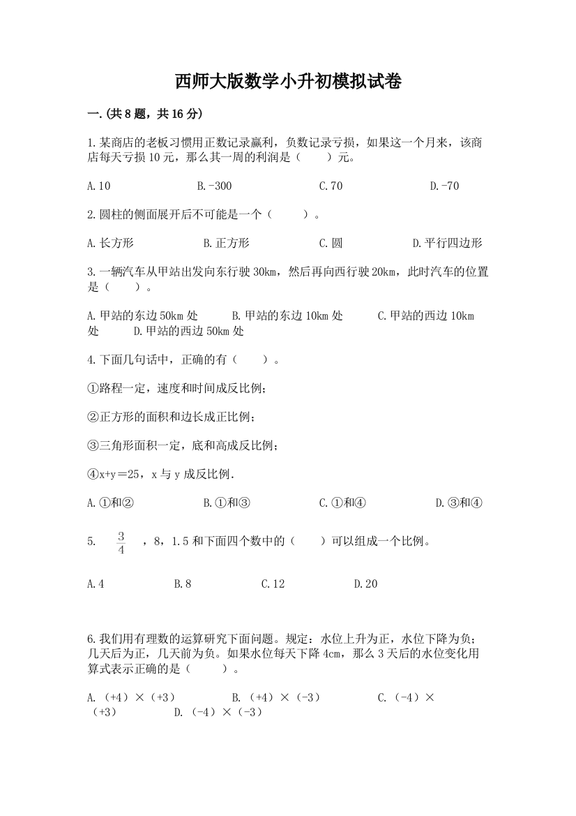 西师大版数学小升初模拟试卷（考点梳理）