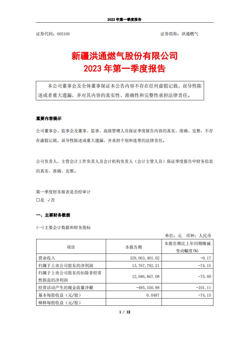 上交所-新疆洪通燃气股份有限公司2023年第一季度报告-20230427