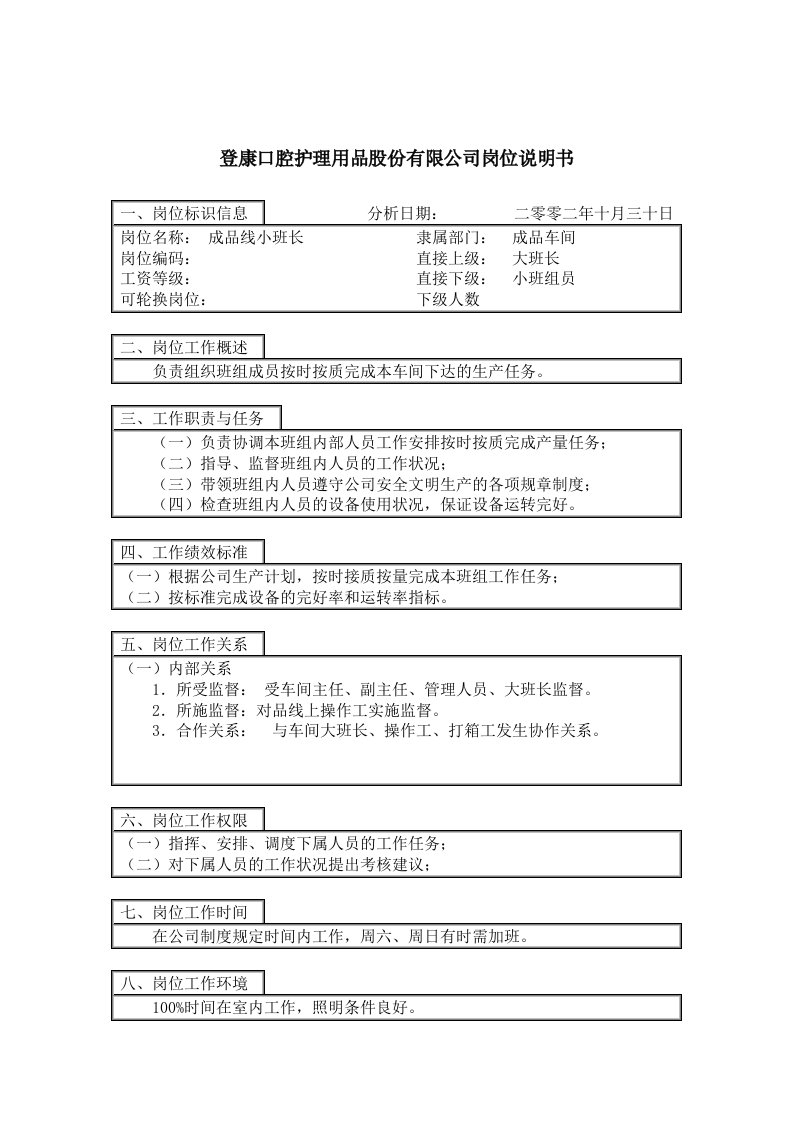 精选登康口腔护理用品股份有限公司成品线小班长岗位说明书