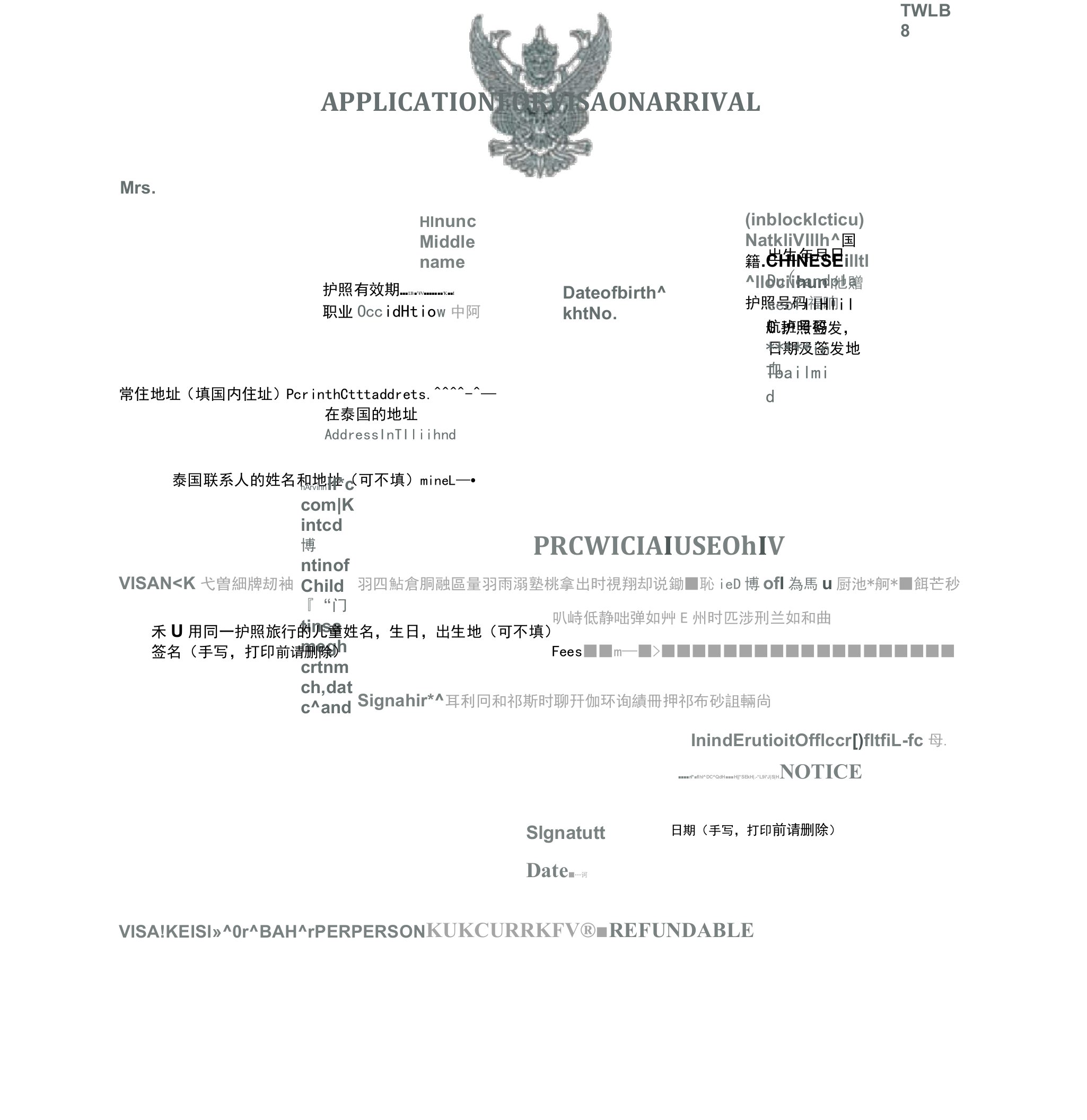 泰国落地签申请表格模板可编辑