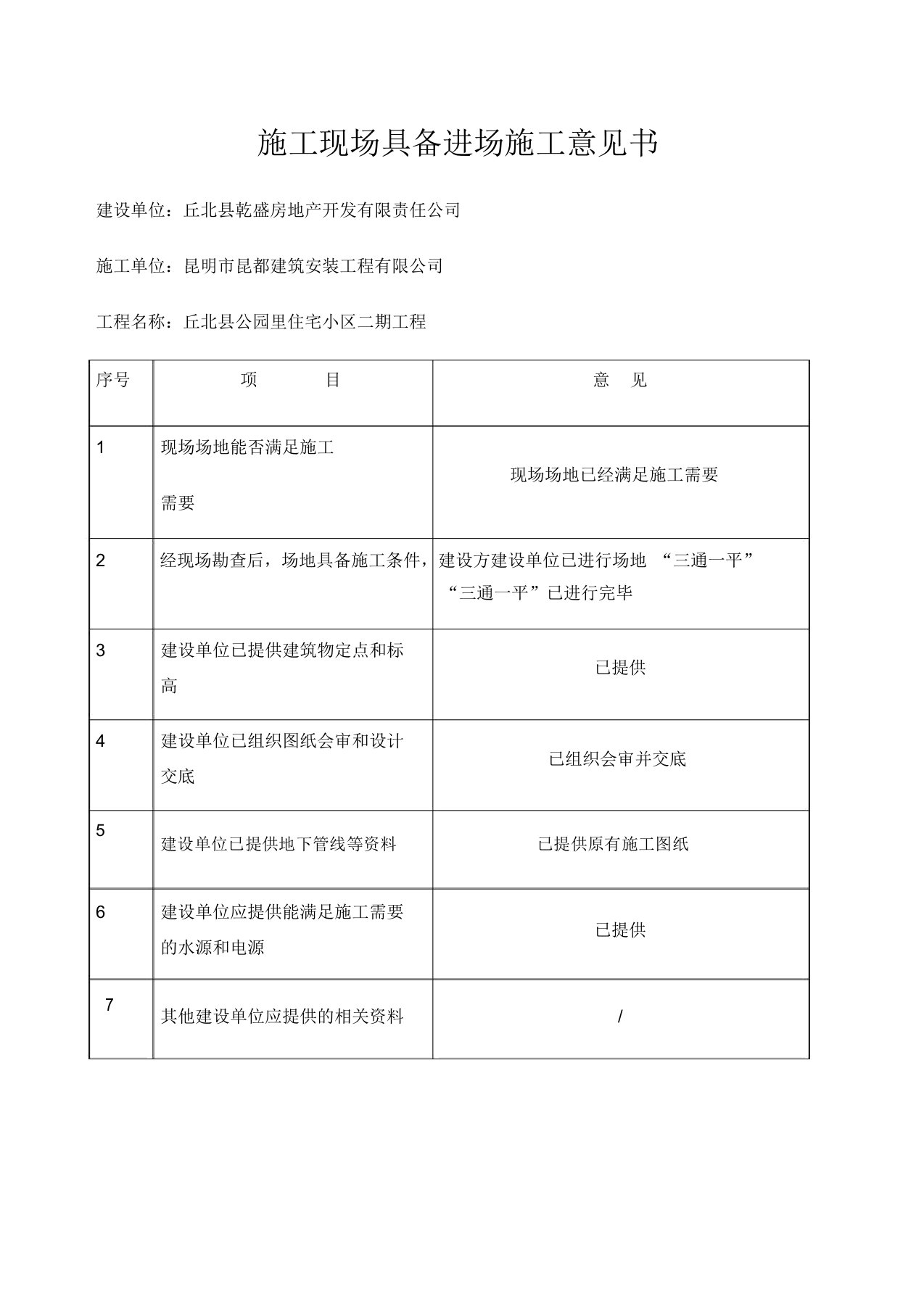 施工现场具备进场施工意见书