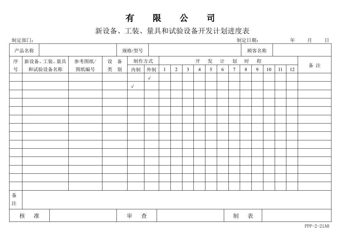 精选APQP新设备工装量具和试验设备开发计划进度表