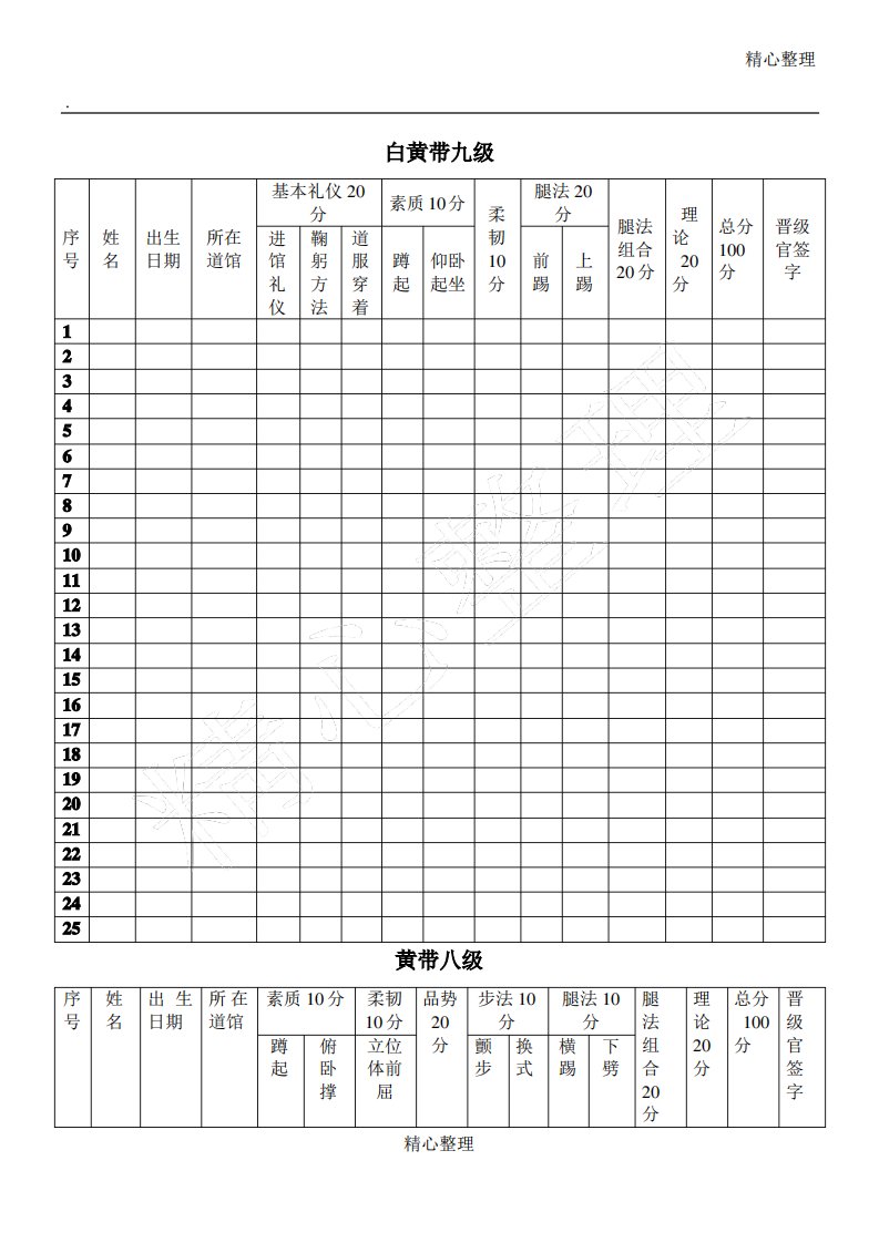 跆拳道考级打分表