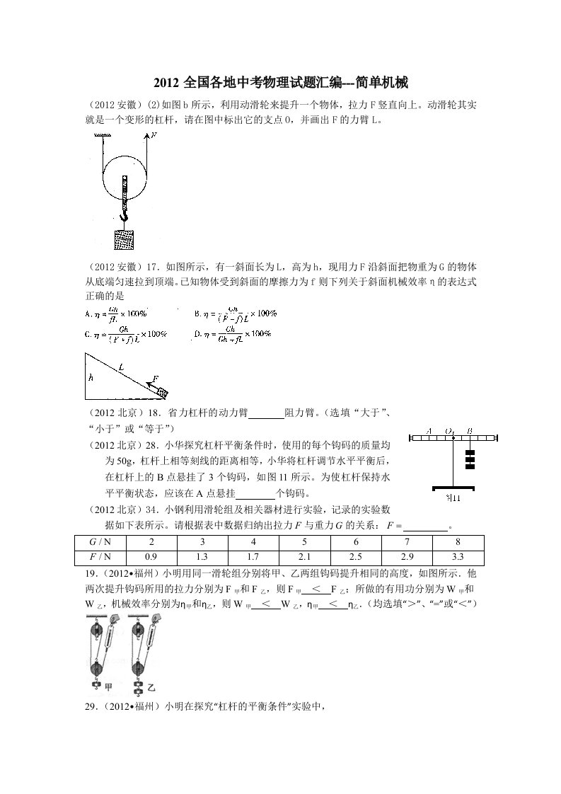 2012全国中考物理试题汇编-简单机械