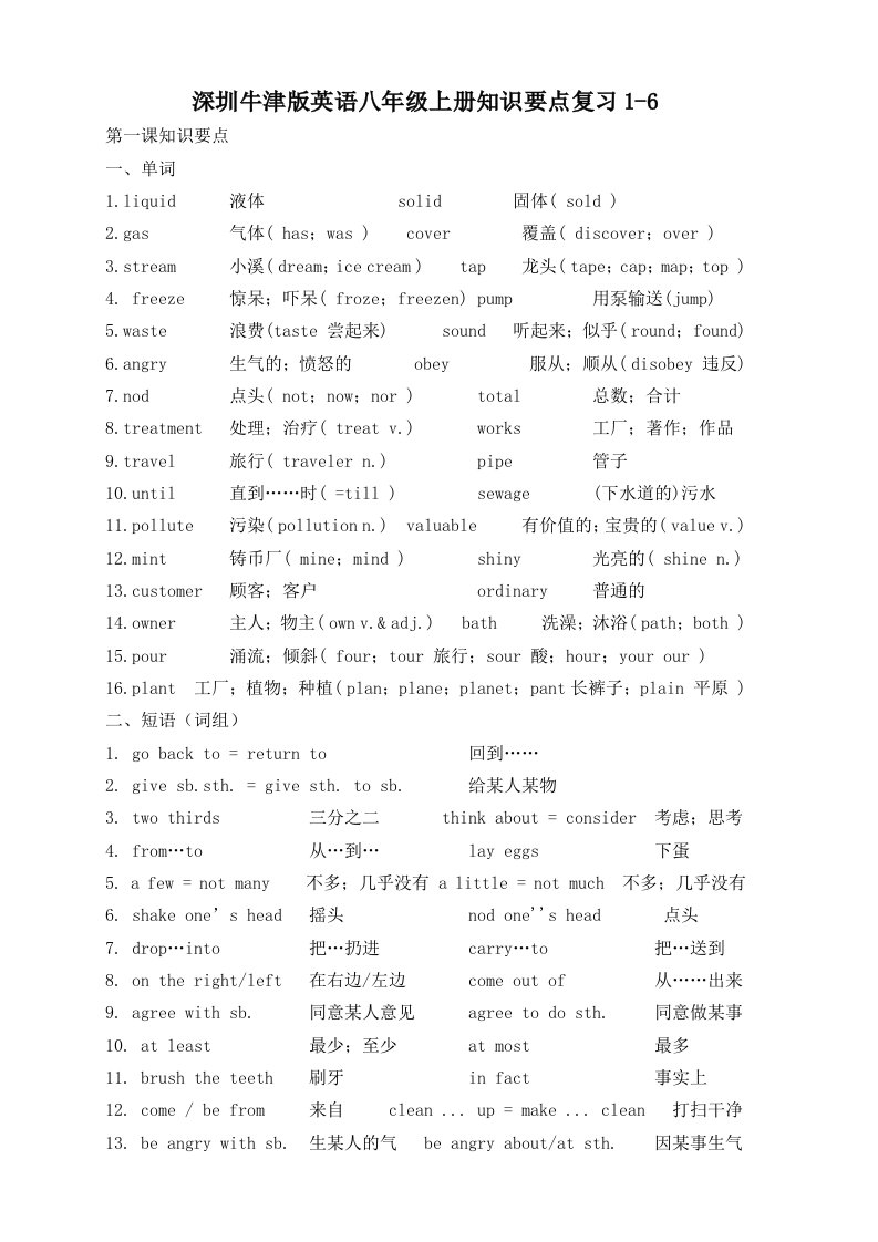 深圳牛津版英语八年级上册知识要点复习