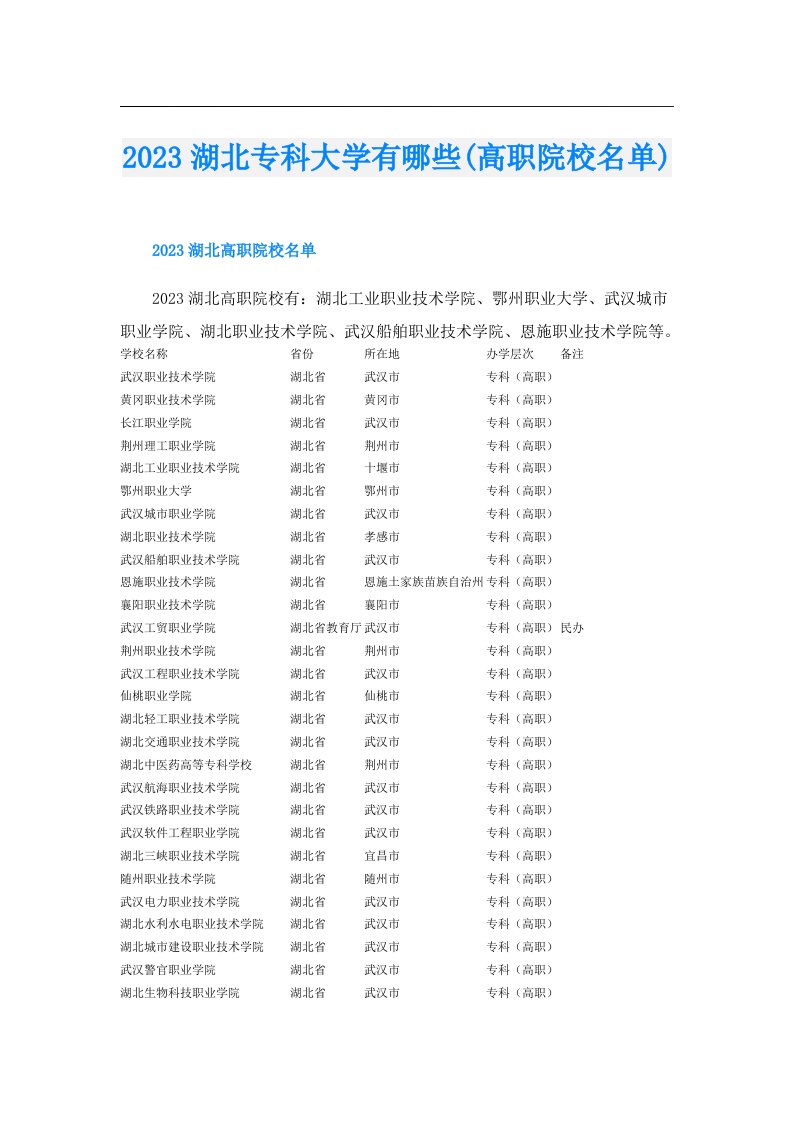 湖北专科大学有哪些(高职院校名单)