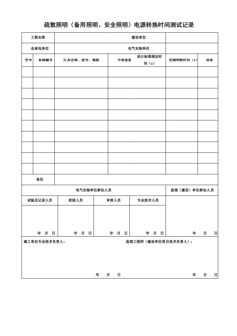 疏散照明备用照明安全照明电源转换时间测试记录