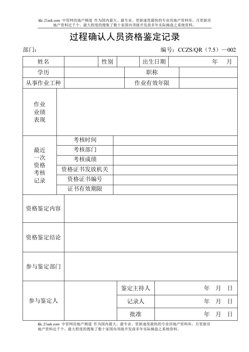 某建筑装饰工程公司过程确认人员资格鉴定记录A-工程综合