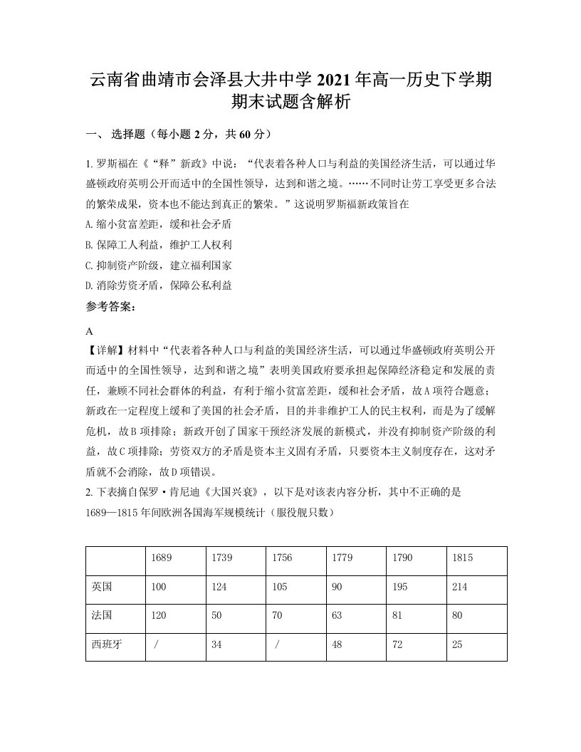 云南省曲靖市会泽县大井中学2021年高一历史下学期期末试题含解析