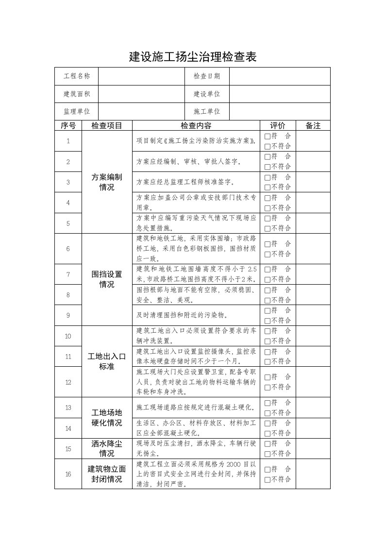 建设施工扬尘治理检查表