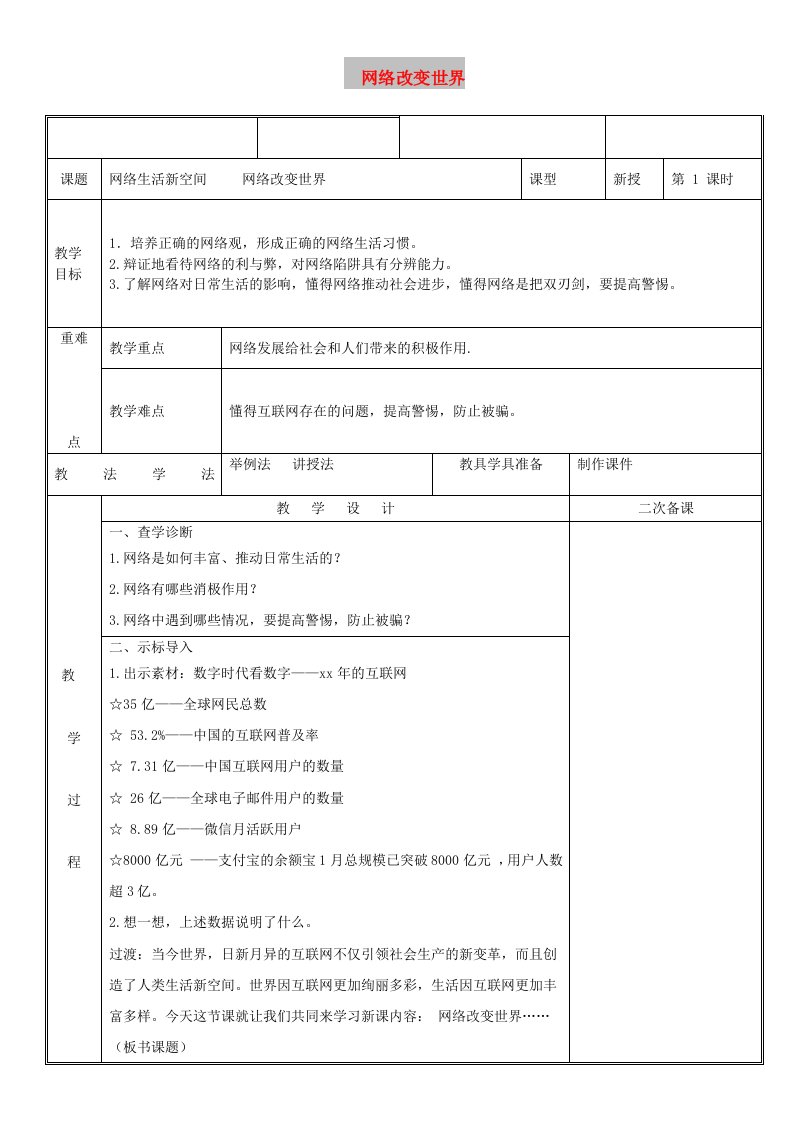 八年级道德与法治上册第一单元走进社会生活第二课网络生活新空间第1框网络改变世界教案新人教2