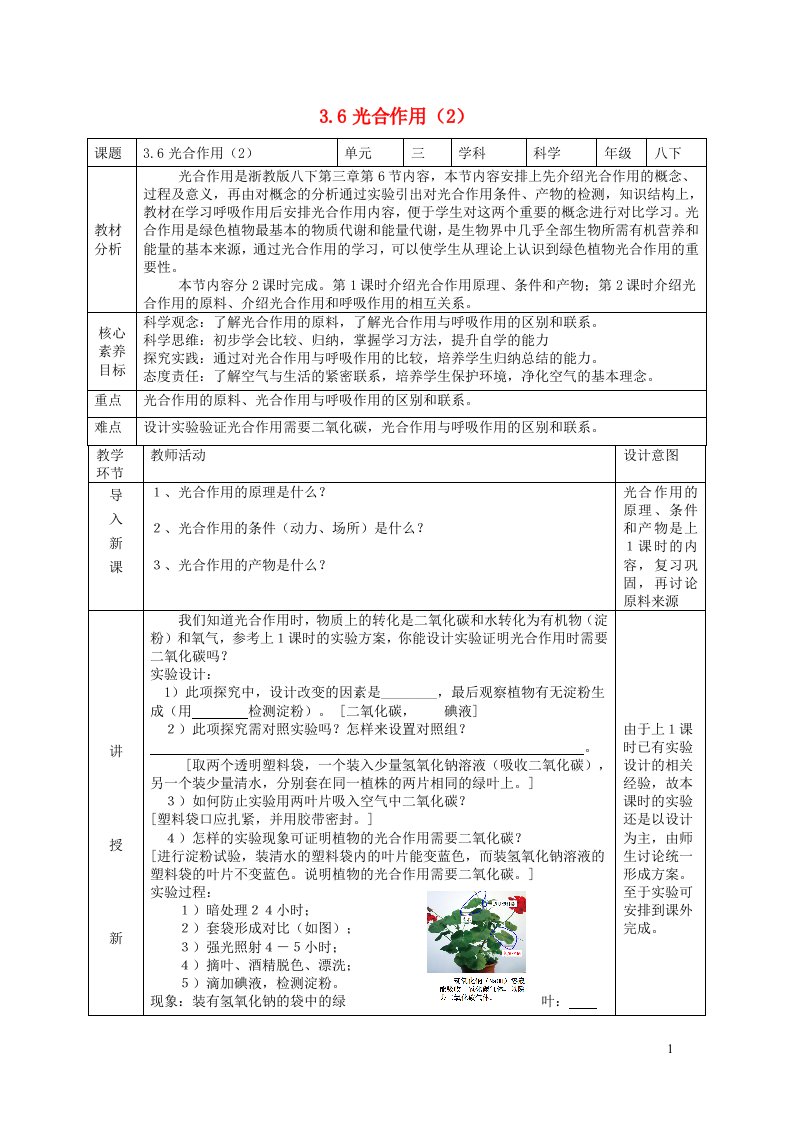 2024八年级科学下册第3章空气与生命3.6光合作用第2课时教学设计新版浙教版