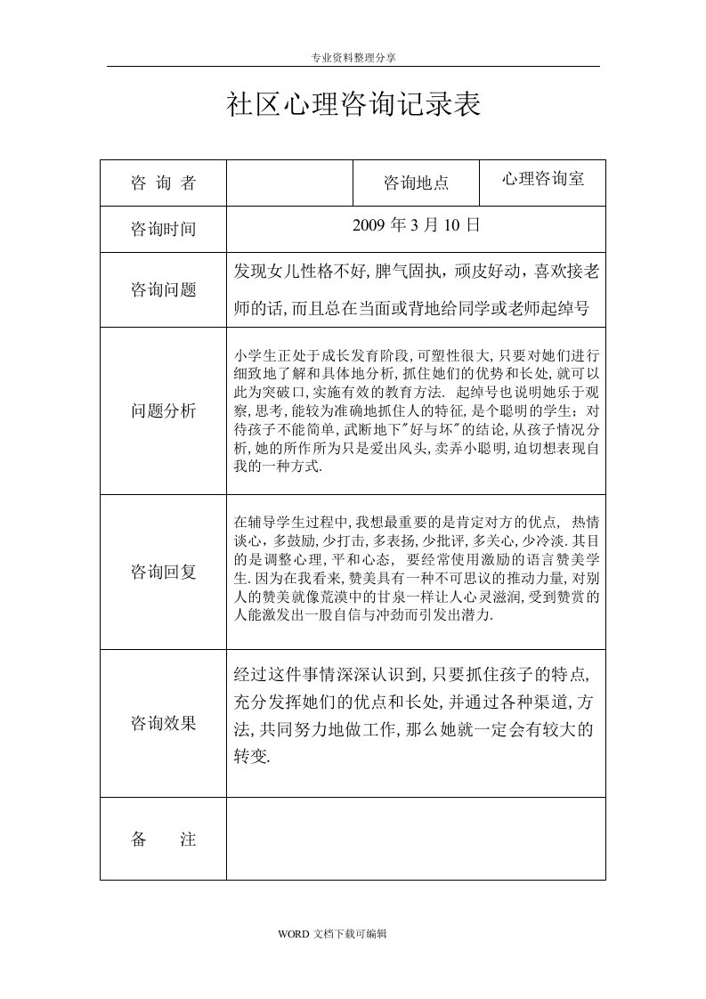 社区未成年人心理咨询记录文本表