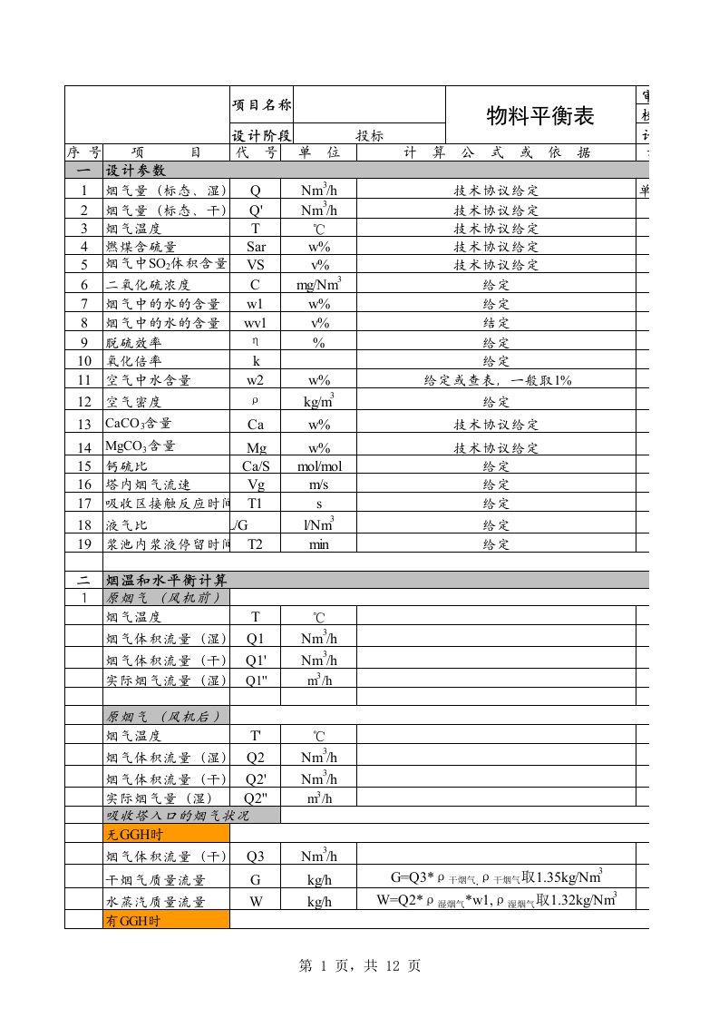 脱硫物料平衡计算表