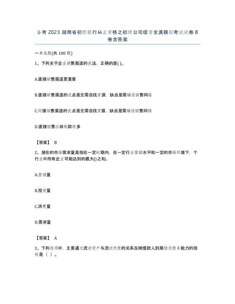 备考2023湖南省初级银行从业资格之初级公司信贷全真模拟考试试卷B卷含答案