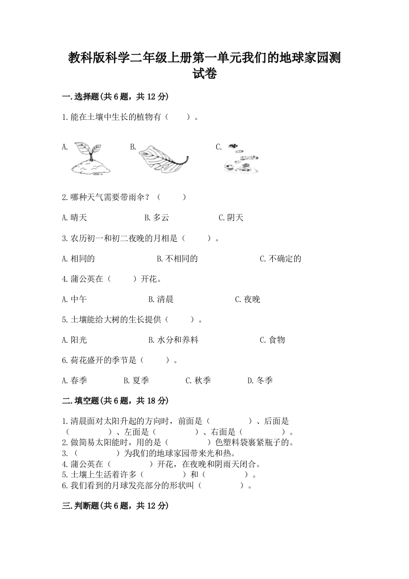 教科版科学二年级上册第一单元我们的地球家园测试卷及参考答案（精练）