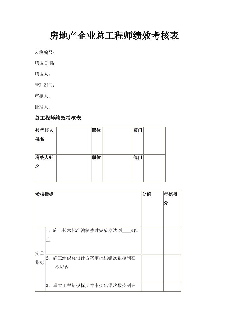 房地产企业总工程师绩效考核表