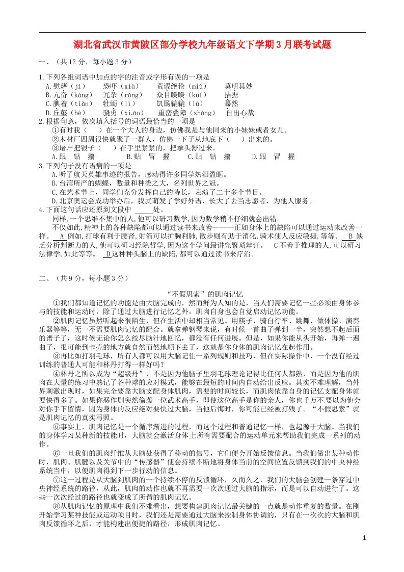 湖北省武汉市黄陂区部分学校九级语文下学期3月联考试题