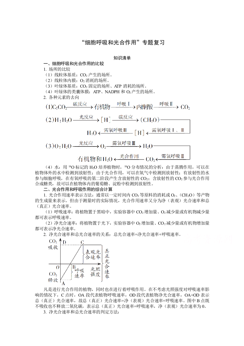 新教材2020-2021学年生物高一浙科版（2019）必修1随堂速练：第三章“细胞呼吸和光合作用”专题复习