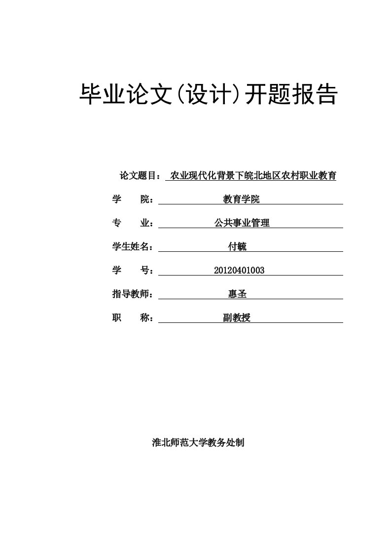 农业现代化背景下皖北地区农村职业教育—开题报告