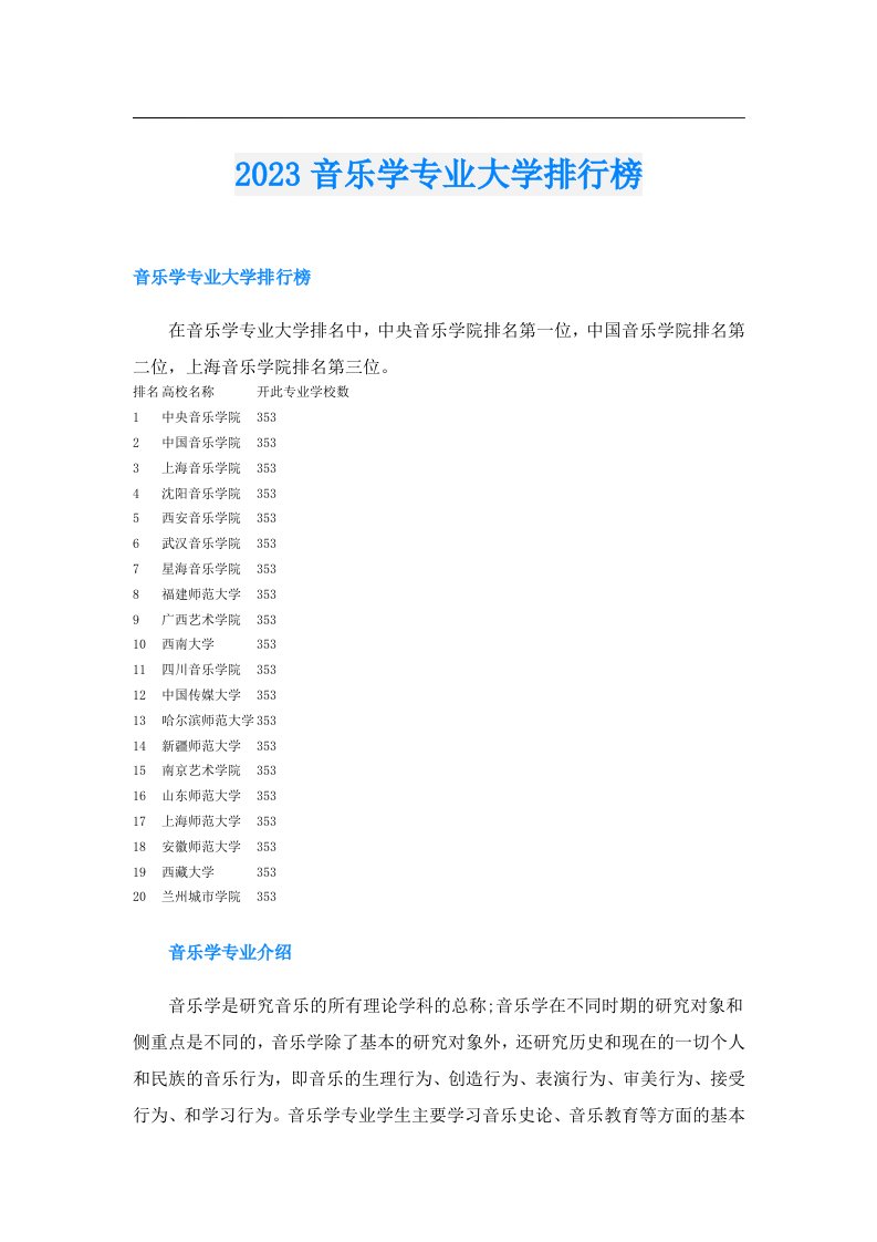 音乐学专业大学排行榜