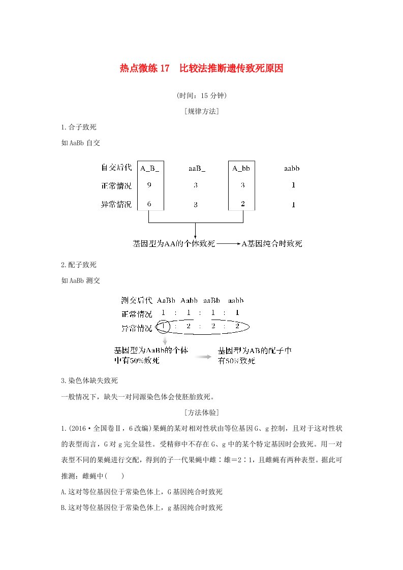 新高考版高考生物30个热点微练17　比较法推断遗传致死原因