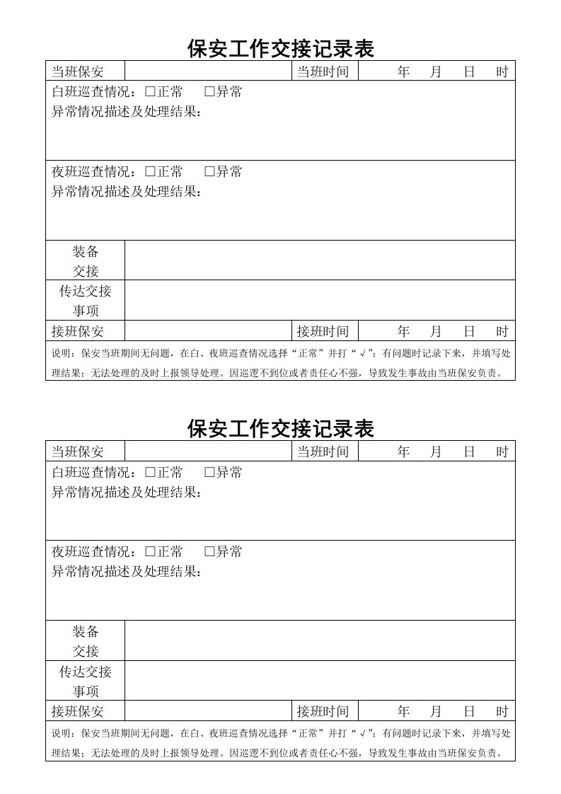 保安工作交接记录表