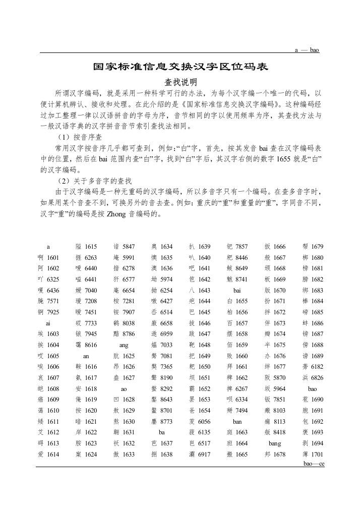 国家标准信息交换汉字区位码表