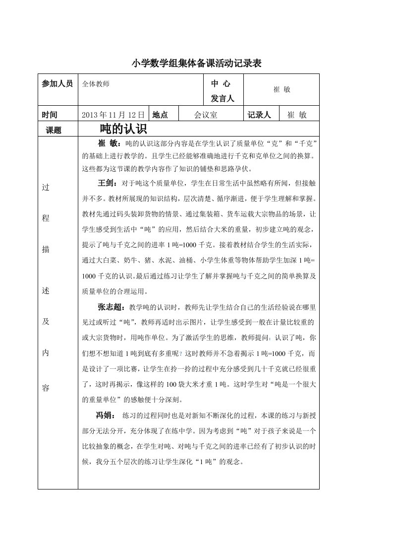 小学数学组集体备课活动记录表11