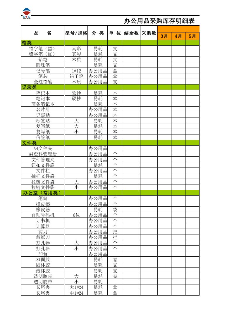 办公用品库存表(总表)