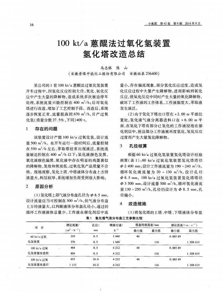 100kt／a蒽醌法过氧化氢装置氢化塔改造总结