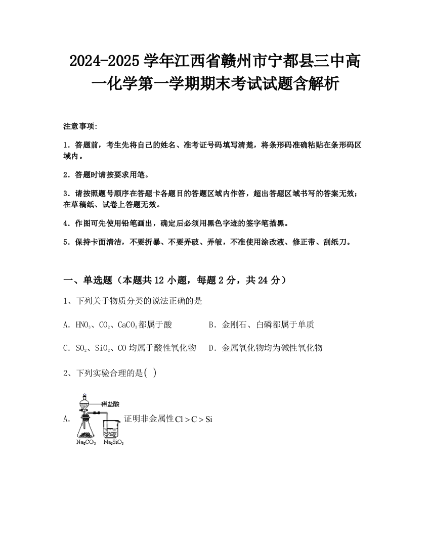 2024-2025学年江西省赣州市宁都县三中高一化学第一学期期末考试试题含解析