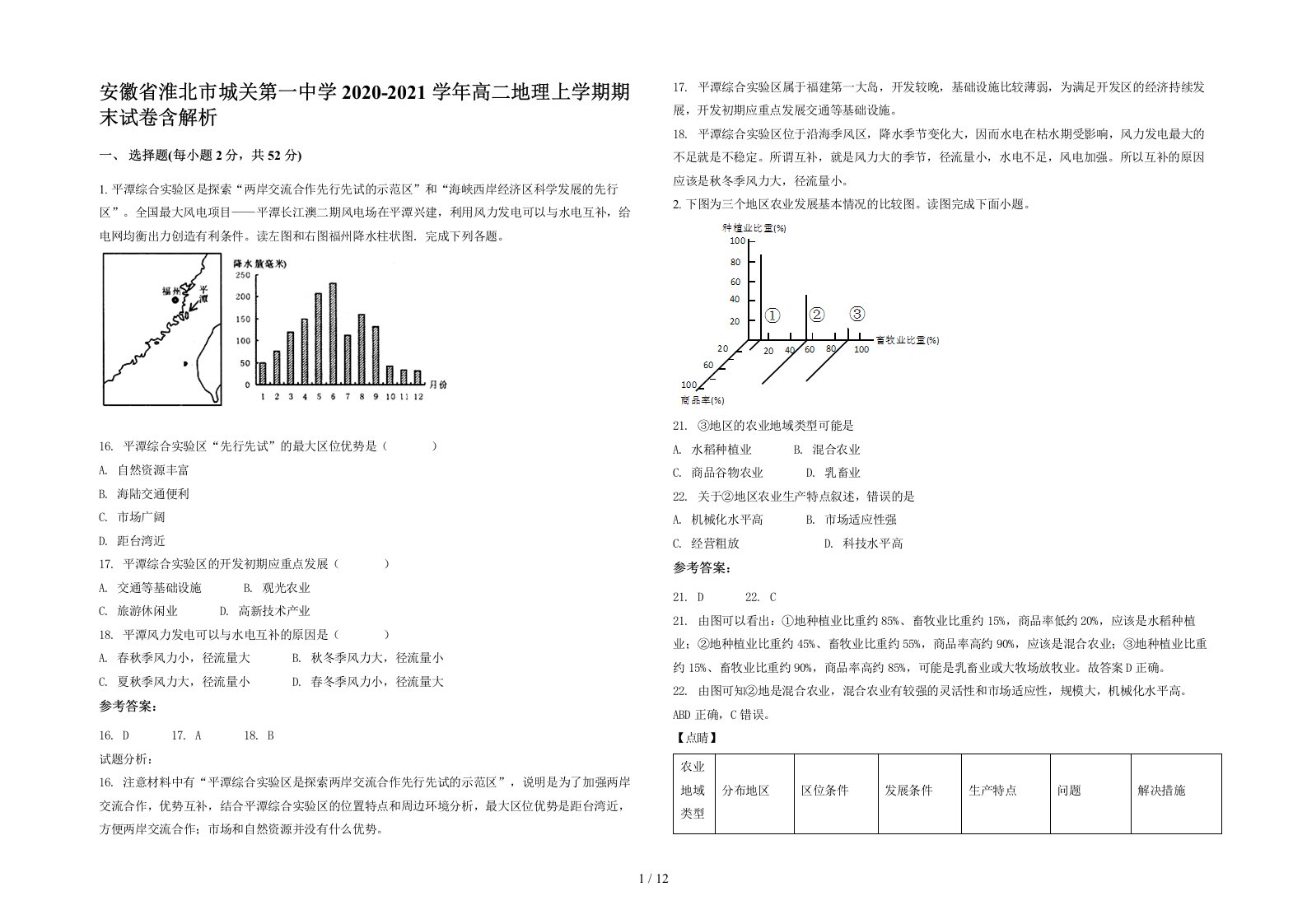 安徽省淮北市城关第一中学2020-2021学年高二地理上学期期末试卷含解析