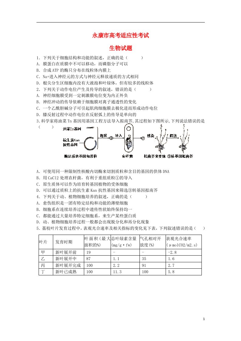 浙江省永康市高考生物适应性考试试题浙科版