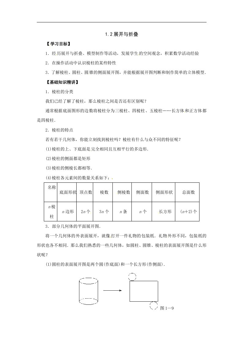 鲁教版数学六上1.2《展开与折叠》