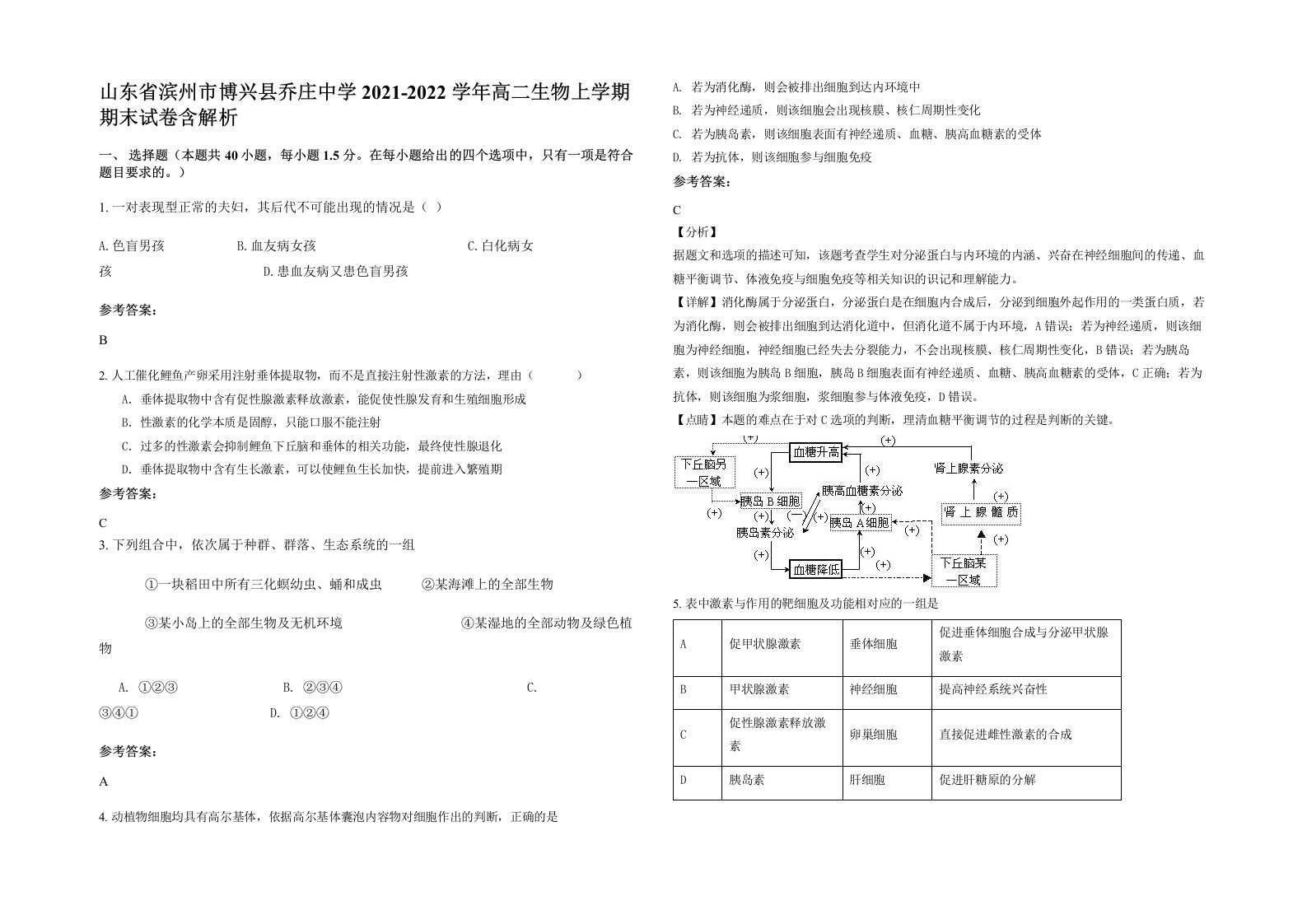 山东省滨州市博兴县乔庄中学2021-2022学年高二生物上学期期末试卷含解析