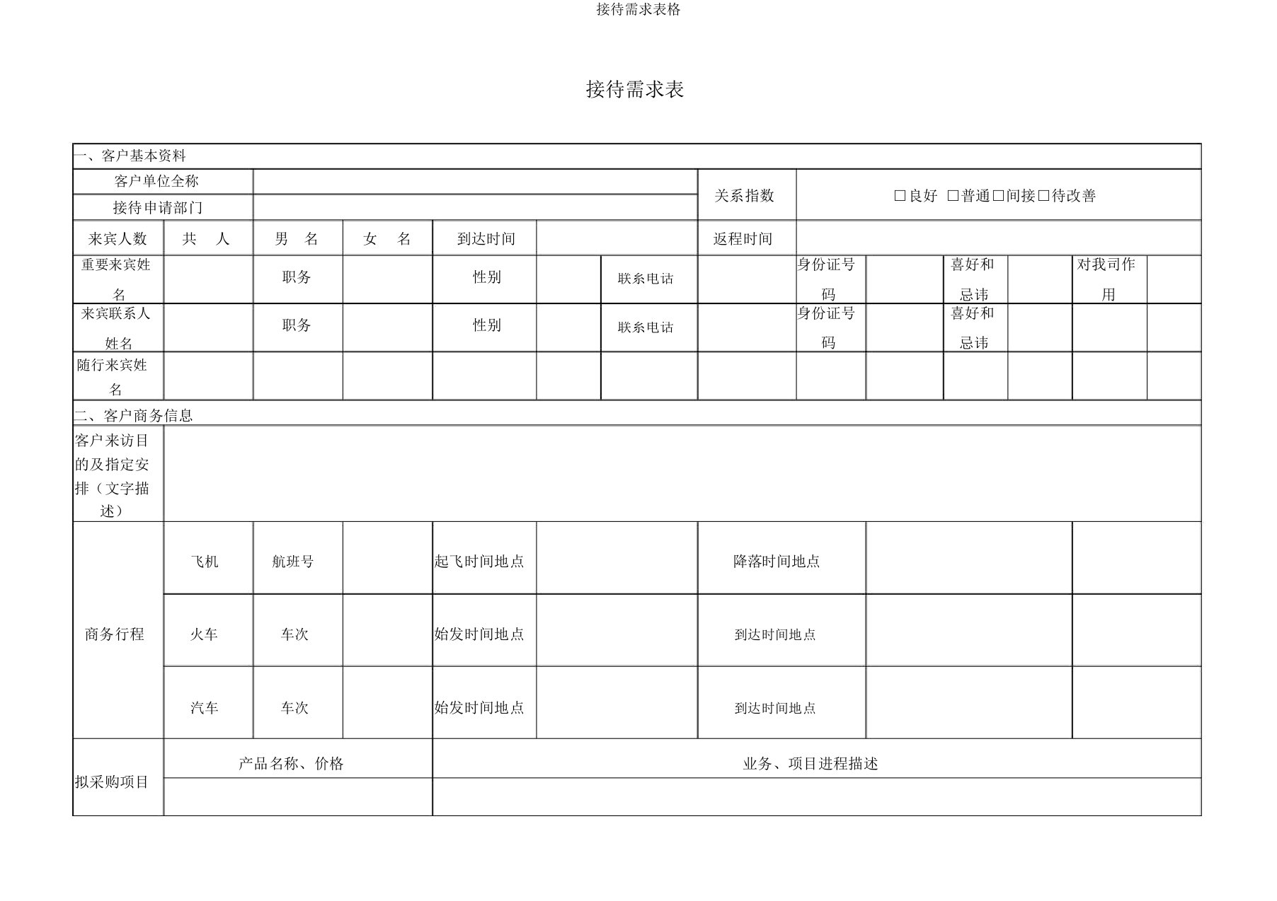 接待需求表格