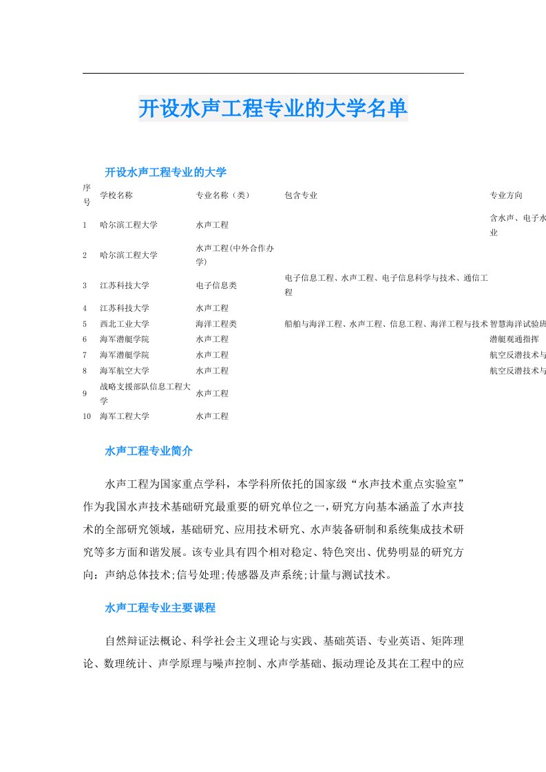 开设水声工程专业的大学名单