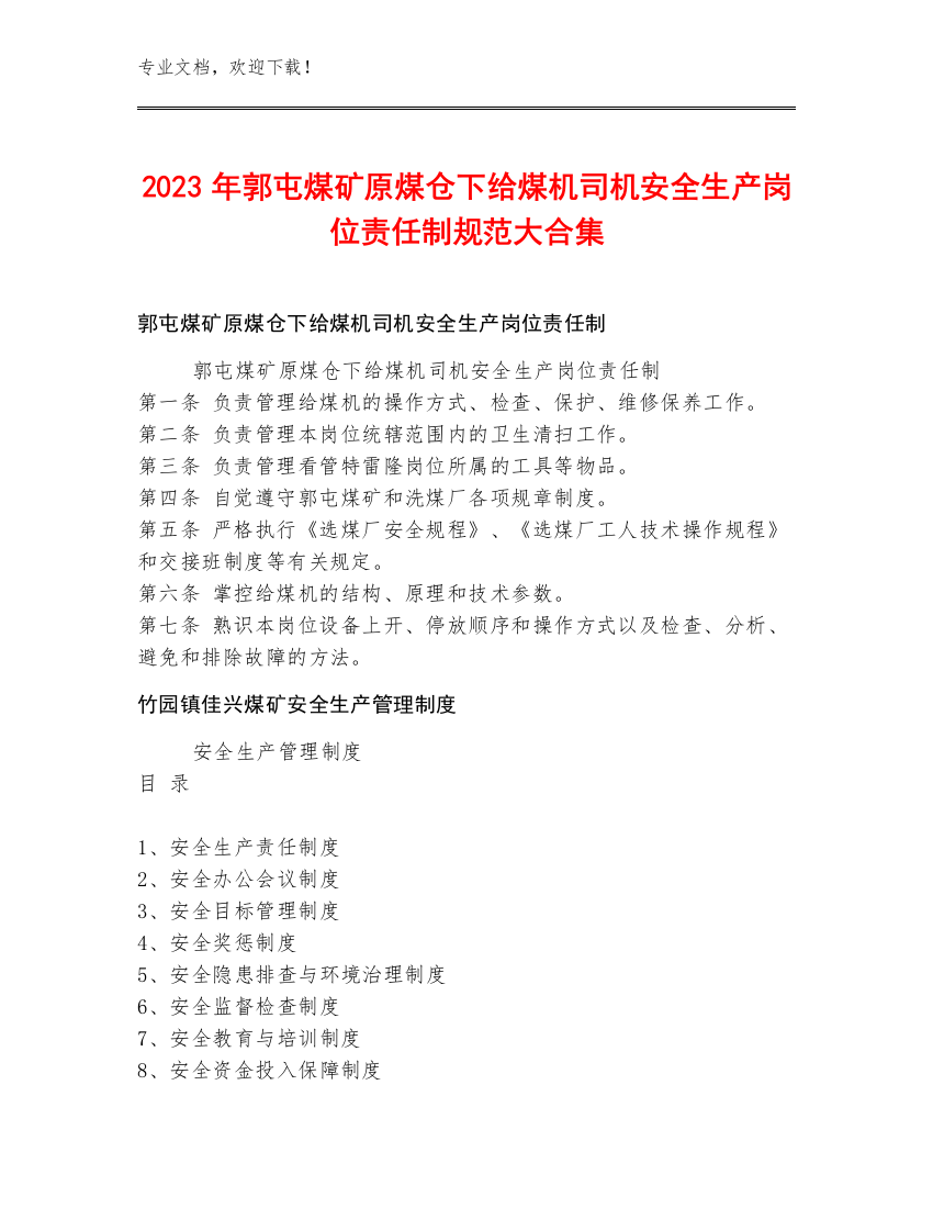 2023年郭屯煤矿原煤仓下给煤机司机安全生产岗位责任制规范大合集