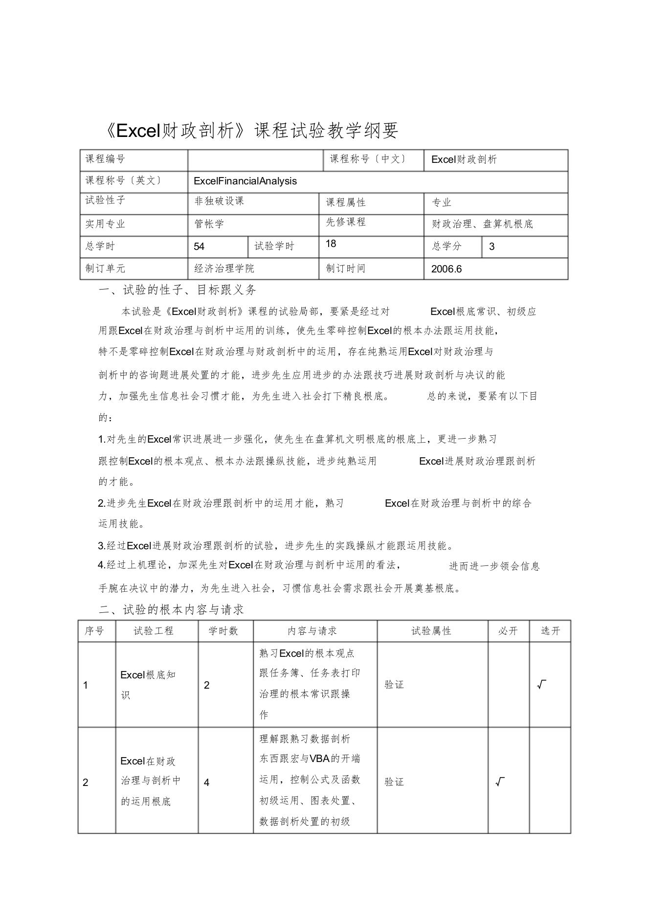 《Excel财务分析》课程实验教学大纲