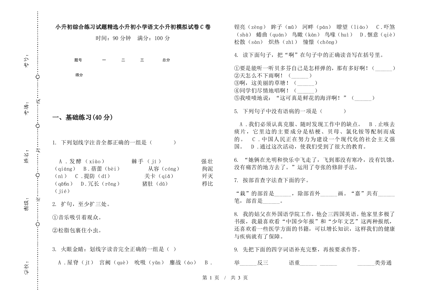 小升初综合练习试题精选小升初小学语文小升初模拟试卷C卷