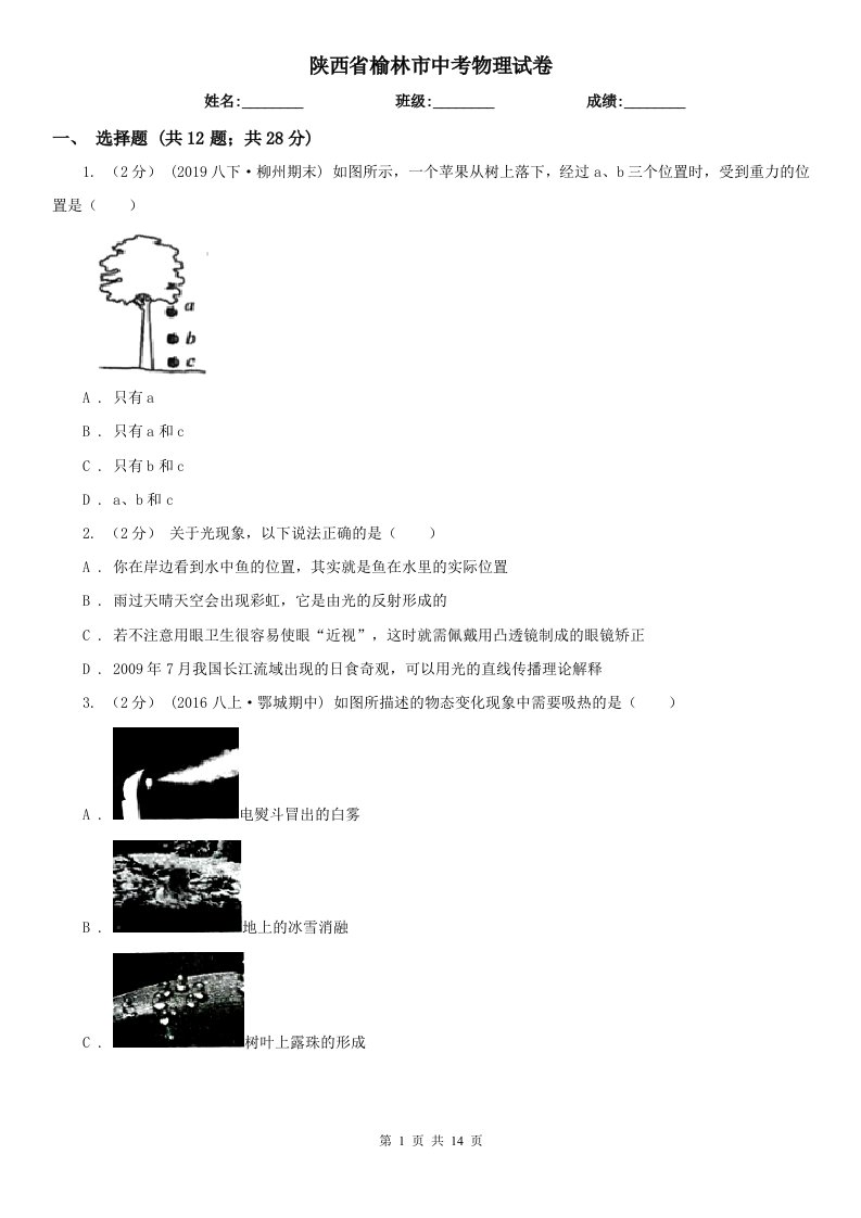 陕西省榆林市中考物理试卷