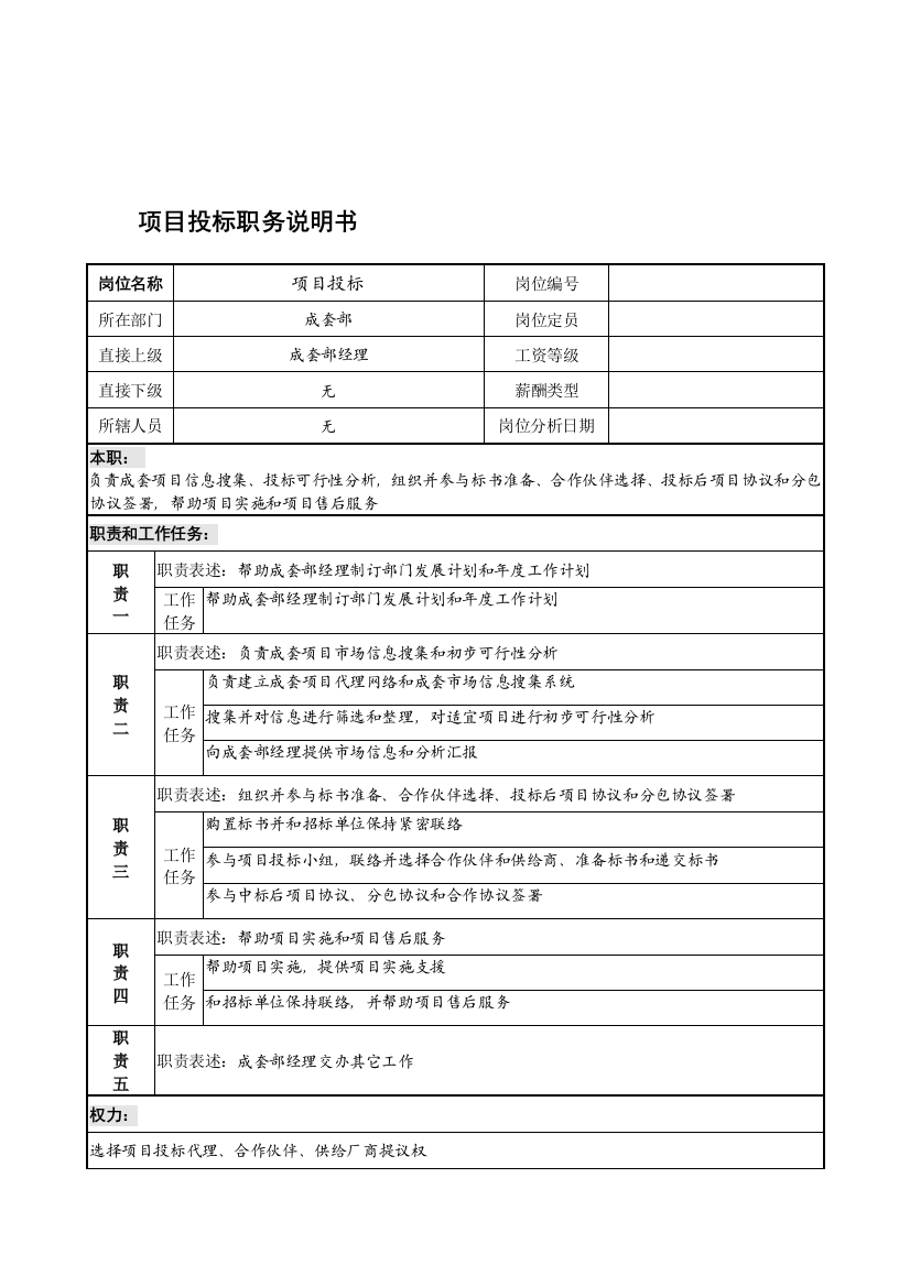 成套部项目投标岗位职责样本