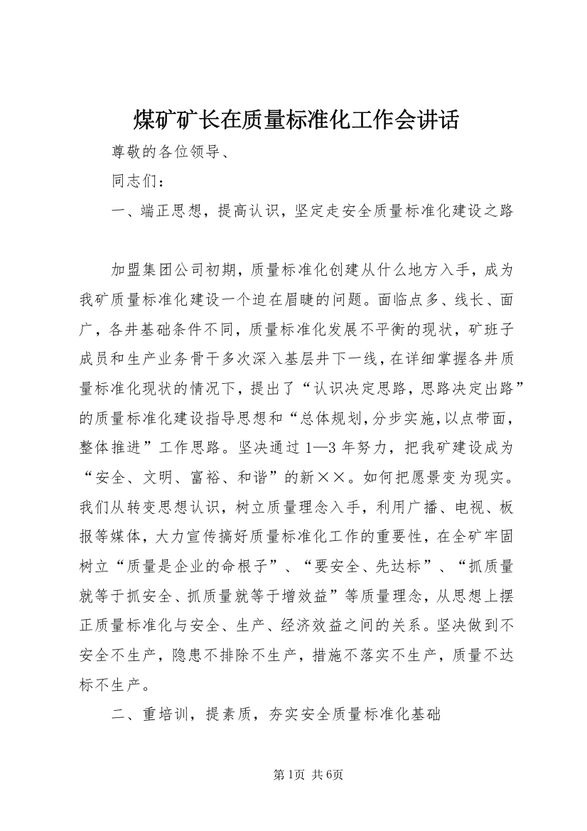 煤矿矿长在质量标准化工作会讲话