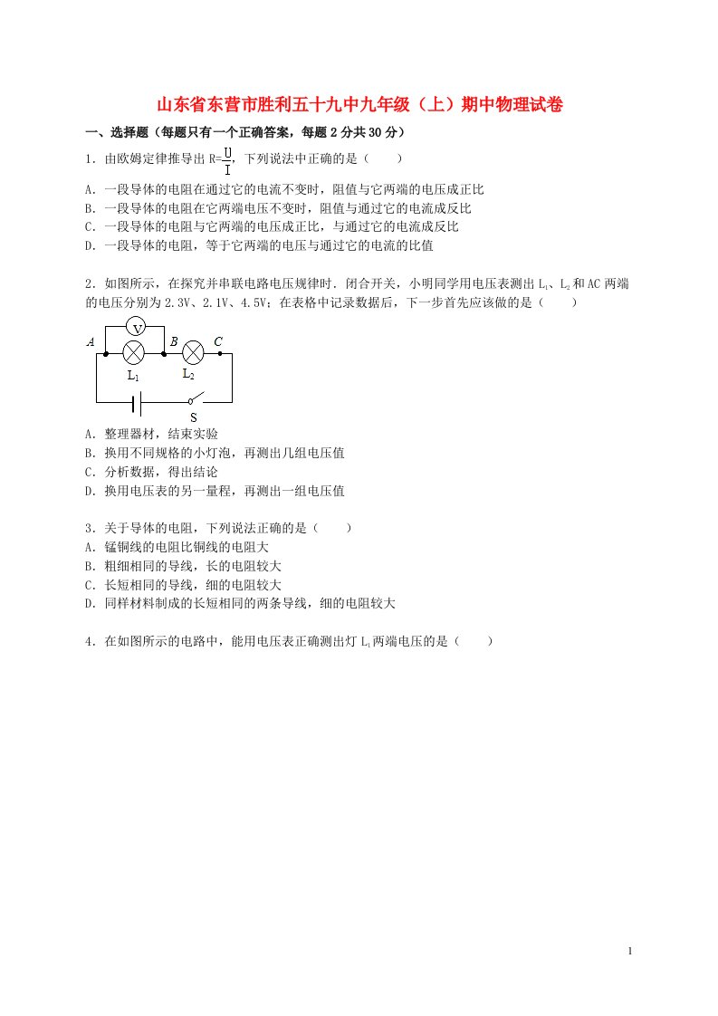 山东省东营市胜利五十九中九级物理上学期期中试题（含解析）