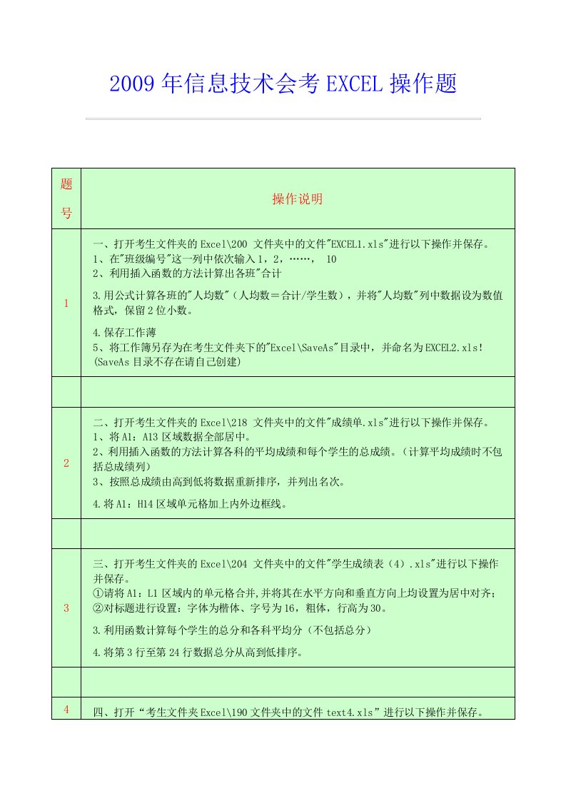 信息技术会考EXCEL操作题