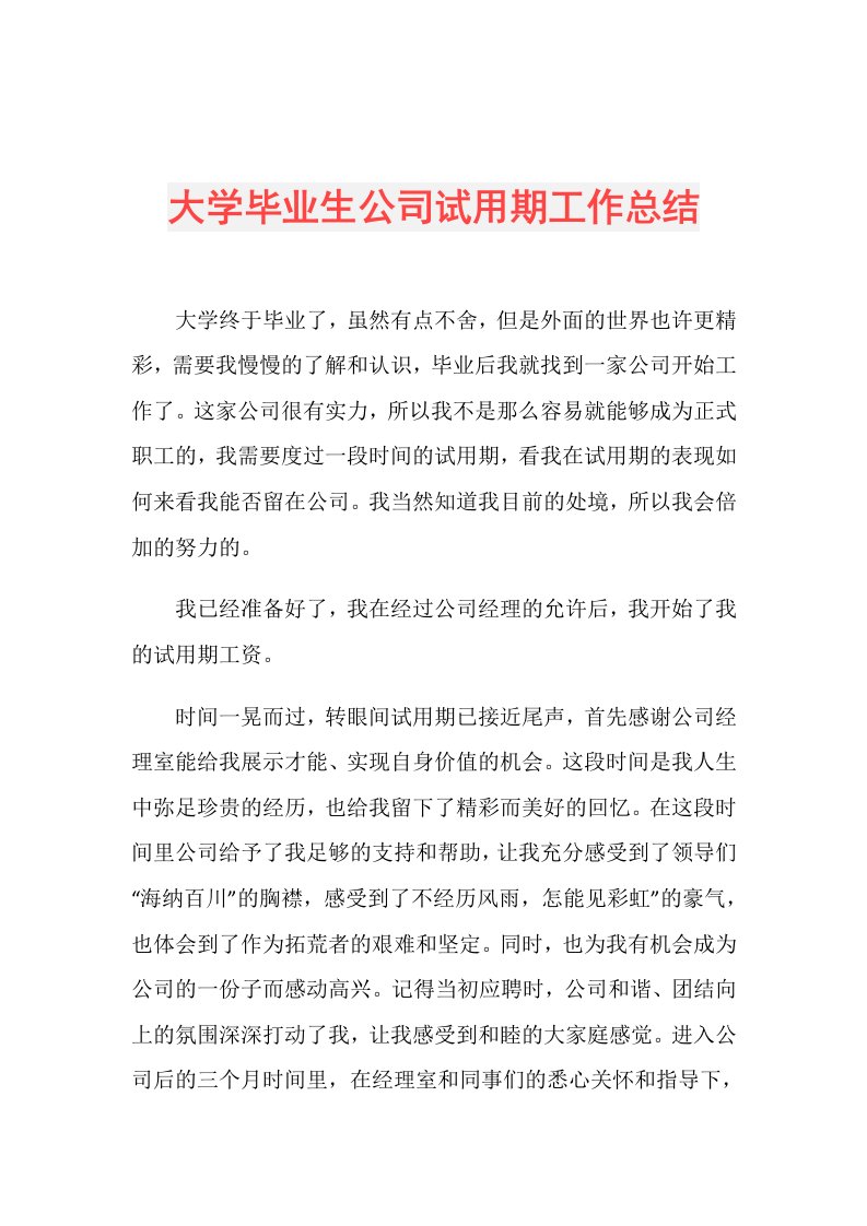 大学毕业生公司试用期工作总结